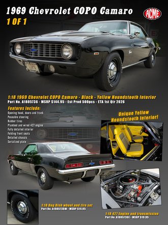 1:18 1969 Chevrolet COPO Camaro - 1 of 1 (Tuxedo Black w/Yellow Houndstooth Interior) 1:18 1969 Chevrolet COPO Camaro - 1 of 1 (Tuxedo Black w/Yellow Houndstooth Interior)