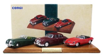The Jaguar Collection - Jaguar E Type, MKII & XK120 on Wood Plinth The Jaguar Collection - Jaguar E Type, MKII & XK120 on Wood Plinth