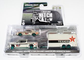 Chase 1:64 2021 Chevrolet Silverado w/1969 Chevrolet Camaro RS "Texaco #18" & Flatbed Trailer
