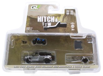 Chase 1:64 2021 Ford Bronco Black Diamond w/Utility Trailer & Motorcycle ***Raw Body***