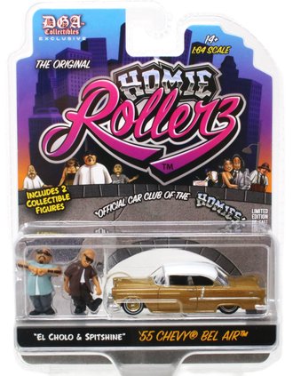 Chase 1:64 Homie Rollerz - 1955 Chevrolet Bel Air w/El Cholo & Spitshine ***Gold Body***