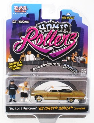 Chase 1:64 Homie Rollerz - 1963 Chevrolet Impala SS Convertible w/Big Los & Pistoman ***Gold Body***