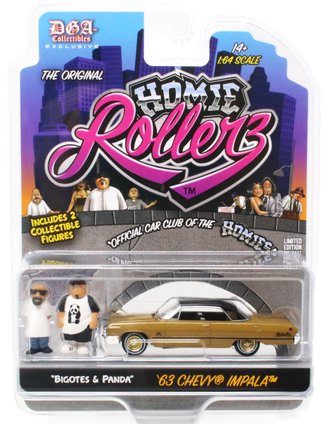Chase 1:64 Homie Rollerz - 1963 Chevrolet Impala SS Hard Top w/Bigotes & Panda ***Gold Body***