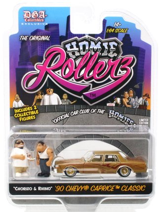 Chase 1:64 Homie Rollerz - 1990 Chevrolet Caprice Classic w/Chorizo & Rhino ***Gold Body***
