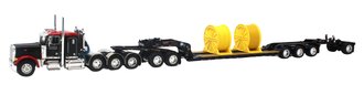 1:64 Peterbilt 379 w/Lowboy Trailer, Jeep & Wire Cable Spools Load