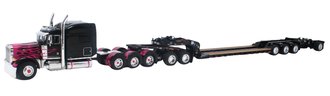 1:64 Peterbilt 70" Tri-Axle w/Fontaine Magnitude Lowboy, Jeep, Spreader & Flip (Black w/Pink Flames)