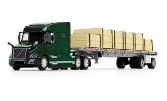 1:64 Volvo VNL 740 Mid-Roof Sleeper w/Wilson Flatbed Trailer w/Lumber Load (Forest Green/Silver)