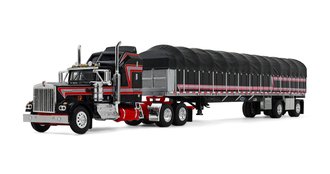 1:64 Kenworth W900A Aerodyne Sleeper w/Wilson Roadbrute Flatbed Trailer Covered Wagon (Black/Red)