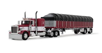 1:64 Peterbilt 389 Sleeper w/Wilson Roadbrute Flatbed Trailer Covered Wagon (Maroon/White)