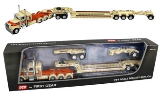 1:64 Peterbilt 389 Tri-Axle w/Lowboy, Jeep & Stinger Heavy Haul Set (Beige/Orange)