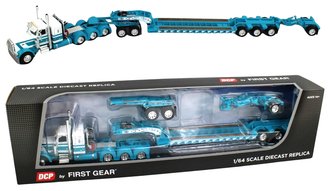 1:64 Peterbilt 389 Tri-Axle w/Lowboy, Jeep & Stinger Heavy Haul Set (Red w/Flames)