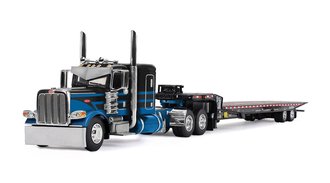 1:64 Peterbilt 389 Flat Top Sleeper w/Landoll 440B-50CA Traveling Axle Trailer (Blue/Black)