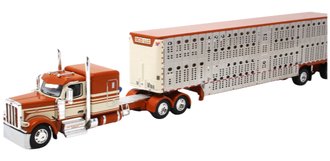 1:64 Peterbilt 589 Sleeper w/Spread Axle Wilson Silver Star Livestock Trailer (Burnt Orange/Cream)