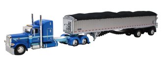 1:64 Peterbilt 389 Standup Sleeper w/Spread Axle Wilson Patriot Belt Trailer (Blue/Silver)