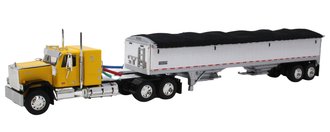 1:64 GMC General Flat Top Sleeper w/Wilson Pacesetter Hopper Bottom Grain Trailer (Yellow/Black) 1:64 GMC General Flat Top Sleeper w/Wilson Pacesetter Hopper Bottom Grain Trailer (Yellow/Black)