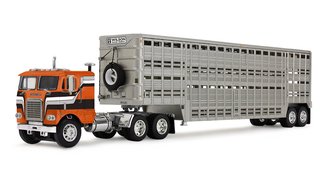 1:64 Freightliner COE w/45' Wilson Vintage Livestock Trailer (Orange/Black)