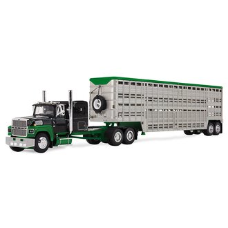 1:64 Ford LTL 9000 Flat Top Sleeper w/Wilson Vintage Livestock Trailer (Black/Green)