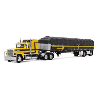 1:64 Ford LTL 9000 Aerodyne Sleeper w/Wilson Roadbrute Covered Wagon Flatbed Trailer (Yellow/Black)