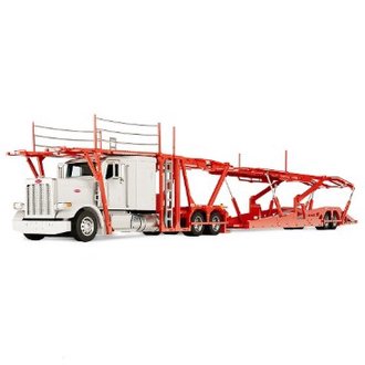 1:64 Peterbilt 389 Flat-Top Sleeper w/Boydstun 9106-48EZ Car Carrier Trailer (White/Red) 1:64 Peterbilt 389 Flat-Top Sleeper w/Boydstun 9106-48EZ Car Carrier Trailer (White/Red)