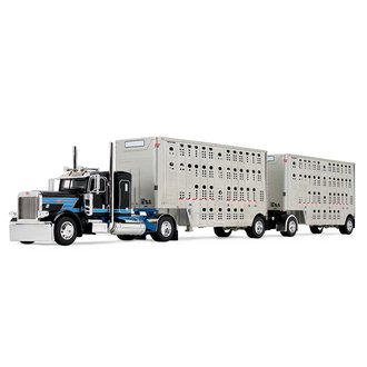1:64 Peterbilt 389 Flat Top Sleeper w/28' Wilson Silverstar Double Livestock Trailers (Black/Cyan) 1:64 Peterbilt 389 Flat Top Sleeper w/28' Wilson Silverstar Double Livestock Trailers (Black/Cyan)