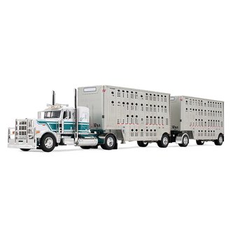 1:64 Peterbilt 389 Flat Top Sleeper w/28' Wilson Silverstar Double Livestock Trailers (White/Teal) 1:64 Peterbilt 389 Flat Top Sleeper w/28' Wilson Silverstar Double Livestock Trailers (White/Teal)