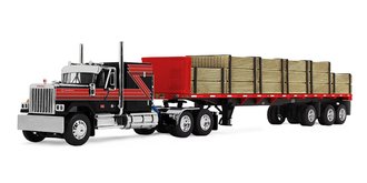 1:64 GMC General 60" Flat Top Sleeper w/48' Utility Flatbed Trailer & Lumber Load (Black/Red)