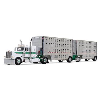 1:64 Peterbilt 389 Flat Top Sleeper w/28' Wilson Silverstar Double Livestock Trailers (White/Green) 1:64 Peterbilt 389 Flat Top Sleeper w/28' Wilson Silverstar Double Livestock Trailers (White/Green)