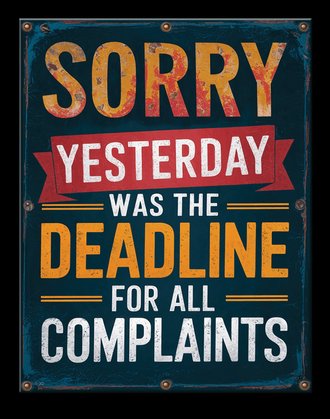 Metal Sign - JQ - Sorry, Yesterday Was the Last Day for All Complaints