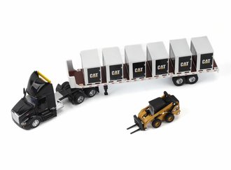 1:64 Peterbilt w/Flatbed Trailer & CAT Steer Loader w/6 Pallet Boxes (Black)