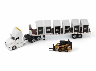 1:64 Peterbilt w/Flatbed Trailer & CAT Steer Loader w/6 Pallet Boxes (White)