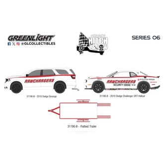 1:64 2018 Dodge Durango & 2016 Dodge Challenger R/T Hemi w/Flatbed Trailer "Ramchargers Drag Racing"