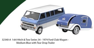 1:64 Hitch & Tow Series 34 - 1974 Ford Club Wagon w/Tear Drop Trailer (Medium Blue) 1:64 Hitch & Tow Series 34 - 1974 Ford Club Wagon w/Tear Drop Trailer (Medium Blue)
