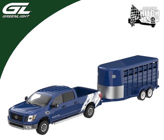 1:64 Hitch & Tow Series 34 - 2018 Nissan Titan XD Pro-4X w/Livestock Trailer (Deep Blue Pearl) 1:64 Hitch & Tow Series 34 - 2018 Nissan Titan XD Pro-4X w/Livestock Trailer (Deep Blue Pearl)