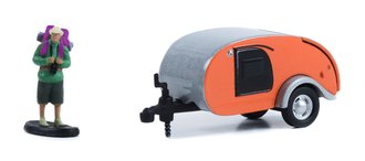 1:64 Hitched Homes Series 13 - Teardrop Trailer w/Backpacker Figure (Bright Orange/Silver)