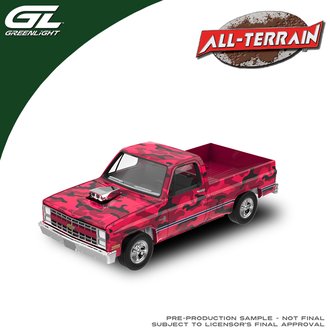 1:64 All-Terrain Series 18 - 1985 Chevrolet Silverado w/Blown Engine (Red Camouflage) 1:64 All-Terrain Series 18 - 1985 Chevrolet Silverado w/Blown Engine (Red Camouflage)
