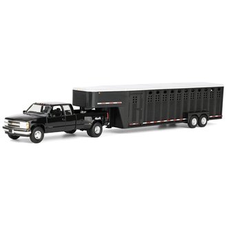1:64 1998 Chevy Silverado 3500 Extended Cab w/Gooseneck Livestock Trailer (Black) 1:64 1998 Chevy Silverado 3500 Extended Cab w/Gooseneck Livestock Trailer (Black)