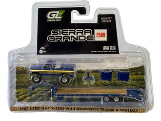 1:64 1987 GMC Sierra K2500 Red w/Gooseneck Trailer (Blue/Gold) 1:64 1987 GMC Sierra K2500 Red w/Gooseneck Trailer (Blue/Gold)