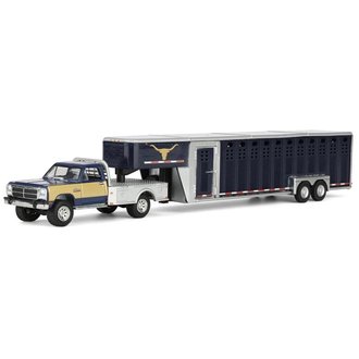 1:64 1992 1st Gen Dodge Ram Flatbed Dually w/Gooseneck Livestock Trailer (Navy/Gold) 1:64 1992 1st Gen Dodge Ram Flatbed Dually w/Gooseneck Livestock Trailer (Navy/Gold)