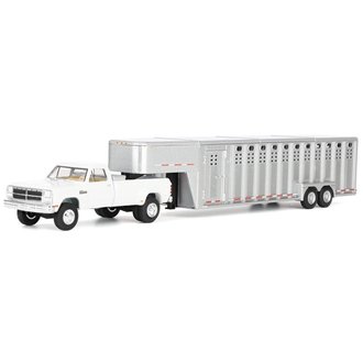 1:64 1993 1st Gen Dodge Ram W-350 Dually w/Toolbox & Gooseneck Livestock Trailer (White) 1:64 1993 1st Gen Dodge Ram W-350 Dually w/Toolbox & Gooseneck Livestock Trailer (White)
