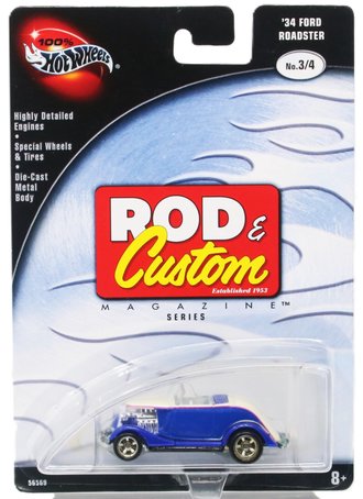 1:64 100% Hot Wheels - Rod & Custom Magazine Series - 1934 Ford Roadster (Blue/White)