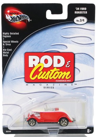 1:64 100% Hot Wheels - Rod & Custom Magazine Series - 1934 Ford Roadster (Red/White)