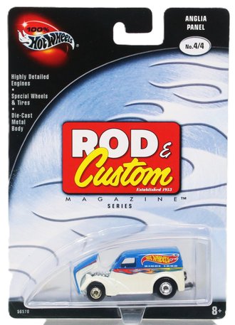 1:64 100% Hot Wheels - Rod & Custom Magazine Series - Anglia Panel (White/Blue w/Flames HW Logo)
