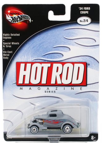 1:64 100% Hot Wheels - Hot Rod Magazine Series - 1934 Ford Coupe (Silver w/Flames) ***Soft Corner***