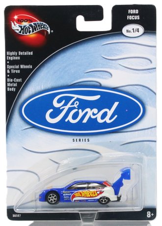 1:64 100% Hot Wheels - Ford Series - Ford Focus (Blue w/White Stripes & Hotwheels Logo)
