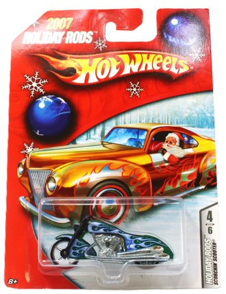 Hot Wheels - Holiday Rods 2007 - Scorchin Scooter (Green w/Snow Flames) ***Soft Corner***
