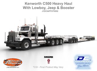 1:64 Kenworth C500 w/3x3x3 Heavy Lowboy (White w/Black Stripes) 1:64 Kenworth C500 w/3x3x3 Heavy Lowboy (White w/Black Stripes)