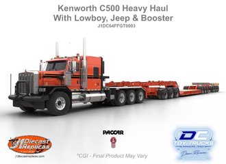 1:64 Kenworth C500 w/3x3x3 Heavy Lowboy (Red w/Black Stripes) 1:64 Kenworth C500 w/3x3x3 Heavy Lowboy (Red w/Black Stripes)