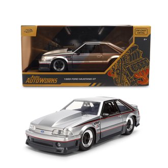 1:24 AutoWorks - 1989 Ford Mustang GT (Silver Metallic w/Black & Red Stripes)