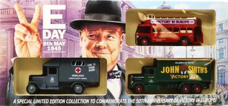 VE-Day Set of 3 - AEC Double Decker Bus, 1935 Morris Parcel & 1937 Scammell Truck VE-Day Set of 3 - AEC Double Decker Bus, 1935 Morris Parcel & 1937 Scammell Truck