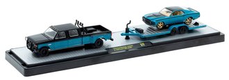 1:64 1990 Ford F-350 Dually Pickup Truck w/1970 Ford Mustang Custom (Blue/Black)